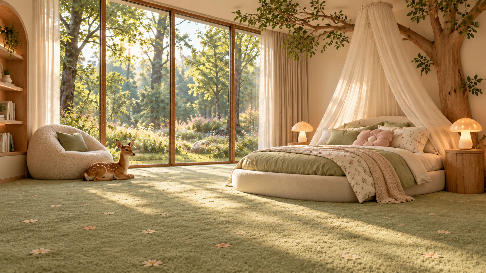 A practical enchanted meadow bedroom with a canopy bed, deer, and forest window