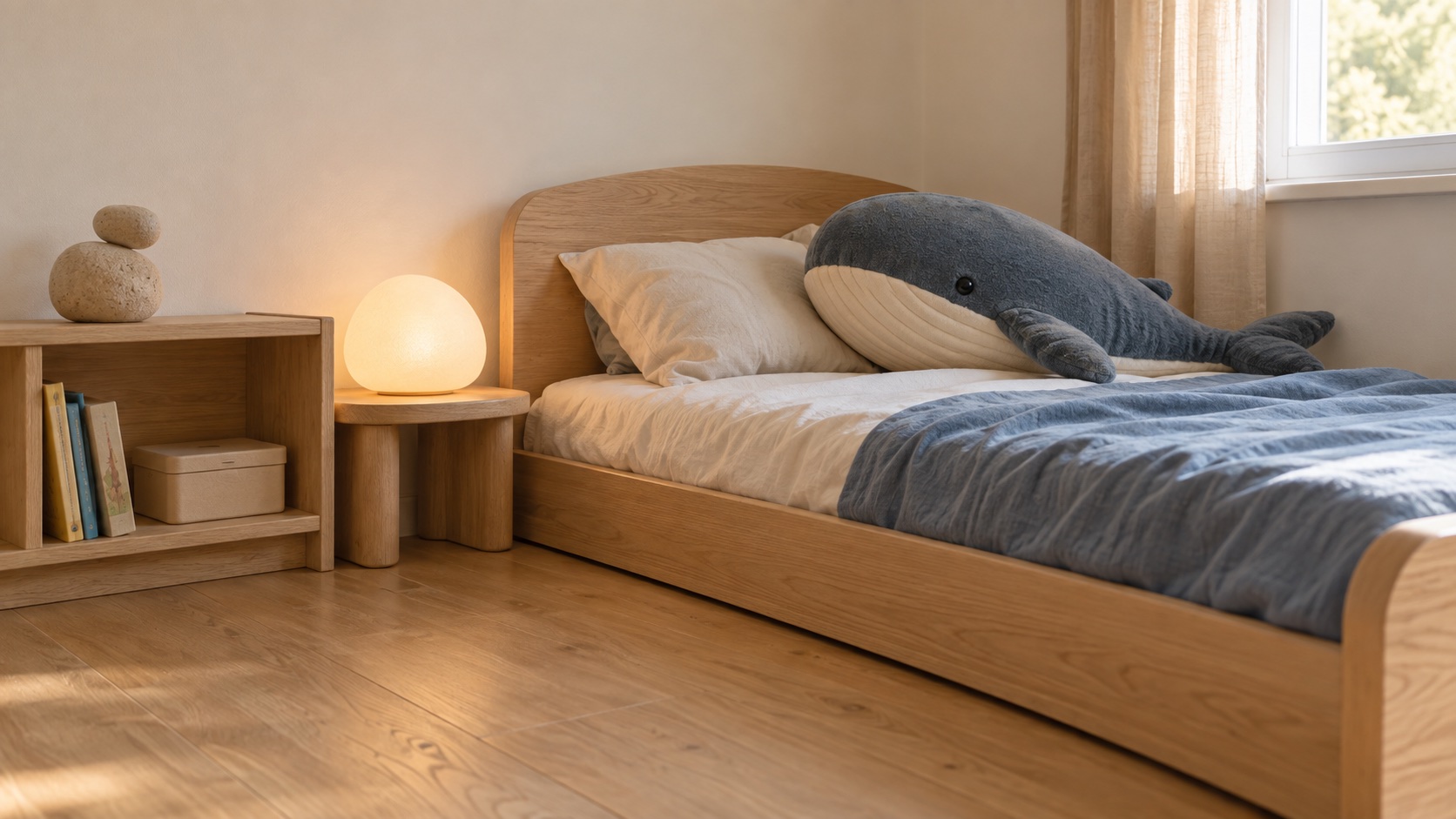 A calm, lived-in child's room with a low bed, Milo plush, shell light, and open floor