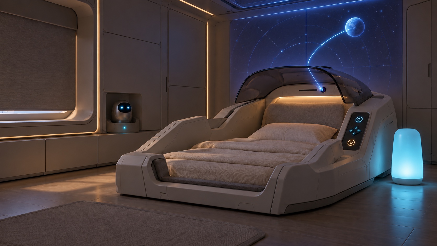 A child's Command Pod with a galaxy and Earth route glowing beyond it